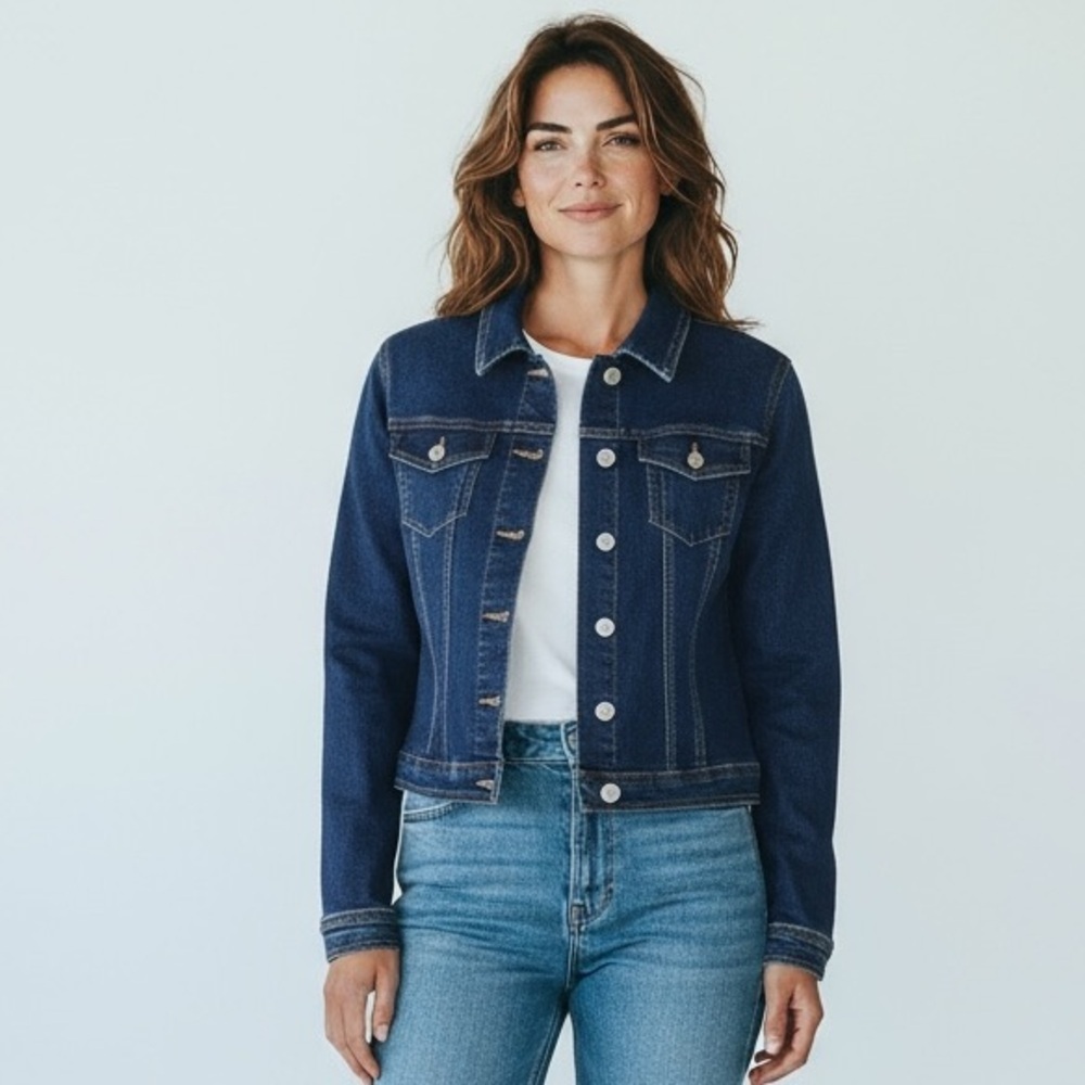 Kancan Denim Jacket Women's‎ S Cropped Blue Button Front & Pockets Stretch